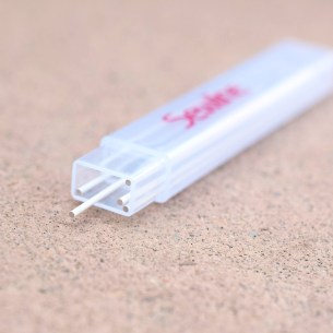 This refill pack includes six 0.9 mm pieces. These pieces fit into the white mechanical pencil that is sold here on TPK.